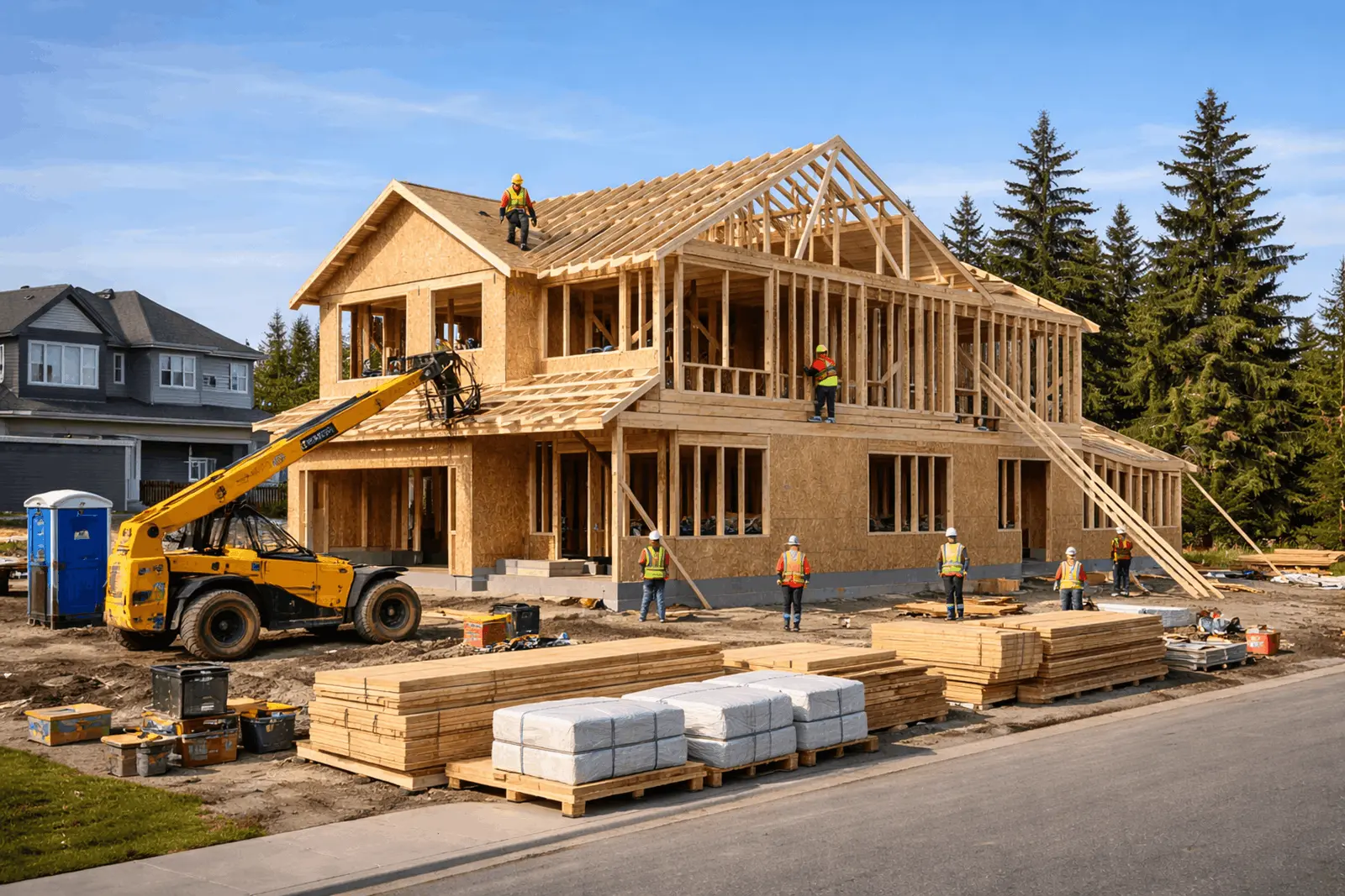 Residential house wooden framing construction with workers and crane on site
